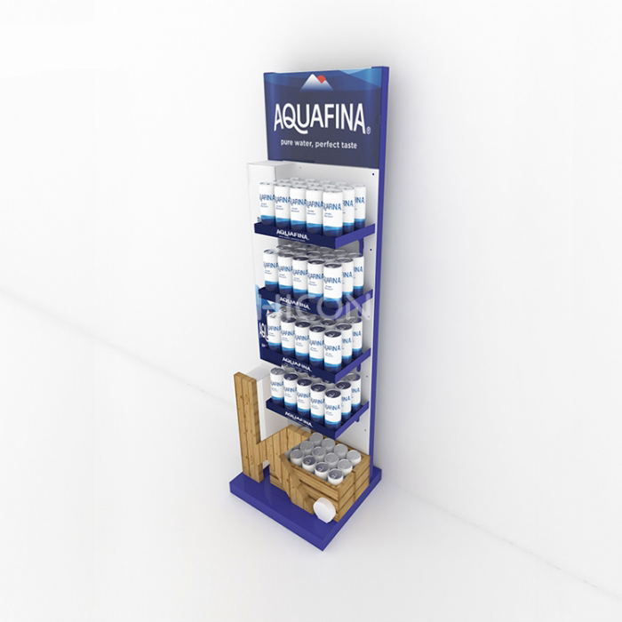 Expositor de água para bebidas de metal branco azul de 5 camadas com caixa de madeira (4)