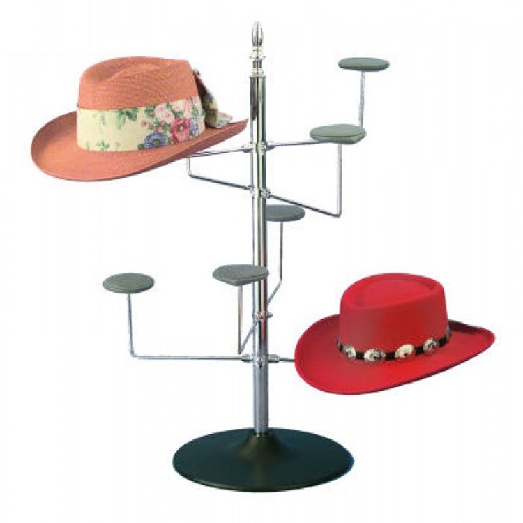 Racks de exposição elegantes e personalizados de metal prateado para chapéus no atacado (1)