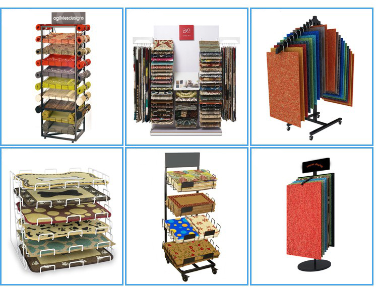 Floor Products Store Wood Frame Metal Carpet Sample Rolling Display Stand (၂)ခု၊