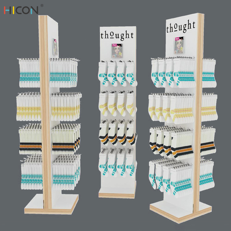 Freestanding Wooden Store Retail Sock Display သည် နှစ်ဘက်ခြမ်းဖြစ်သည်။