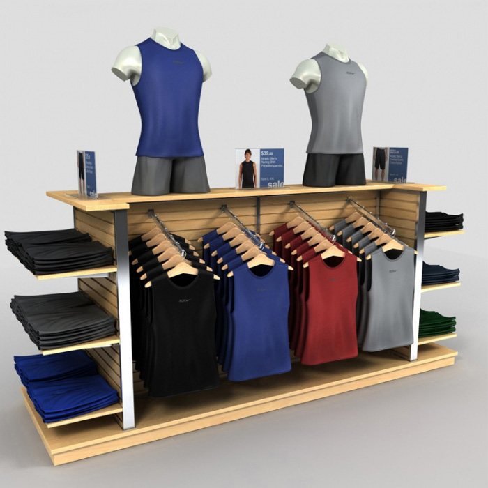 Λειτουργικές ράφια προβολής ρούχων για μπλουζάκια από καφέ ξύλο για καταστήματα (1)