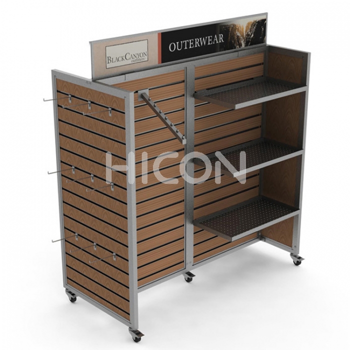 Кийим-кече дүкөнү бажы Wood Metal 2-Way кийим джинсы илип дисплей Rack