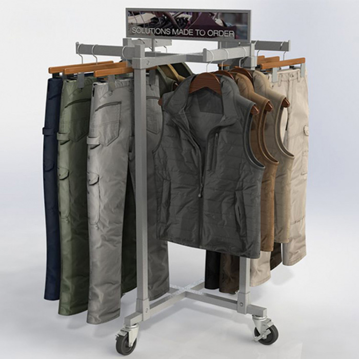 Pārdodu pelēkas, pārvietojamas, pielāgotas metāla mazumtirdzniecības veikalu apģērbu statnes (1)