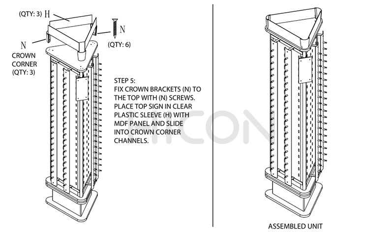 Ang lakang 5 mao ang pagdugang sa salamin nga BRK(G) sa frame nga adunay mga screw ug i-fasten ang Mirror(F) nga adunay M6 screws L para sa tulo ka kilid