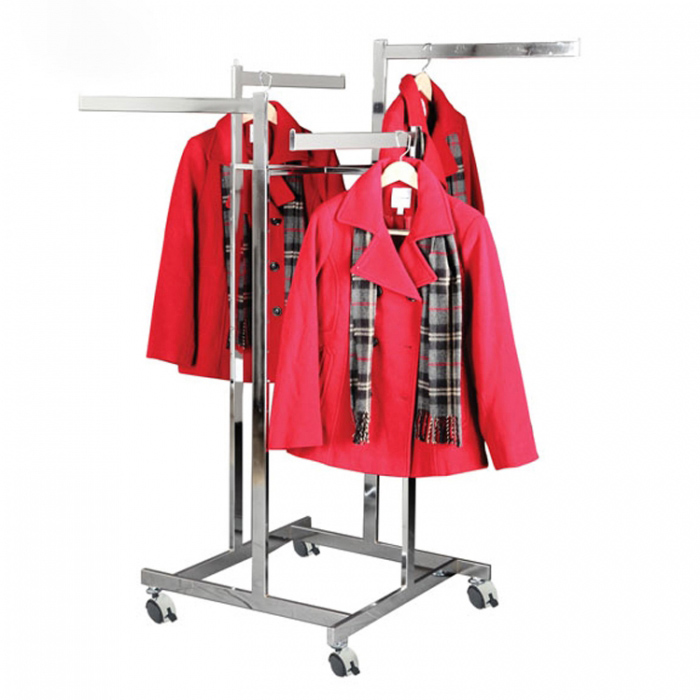 Expositor de roupas para loja de roupas de metal prateado elegante e móvel de 4 lados (2)