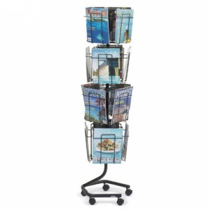 16 Pockets 4 Tier Rotating Black Wire Literature Floor Stand With Wheels (1)