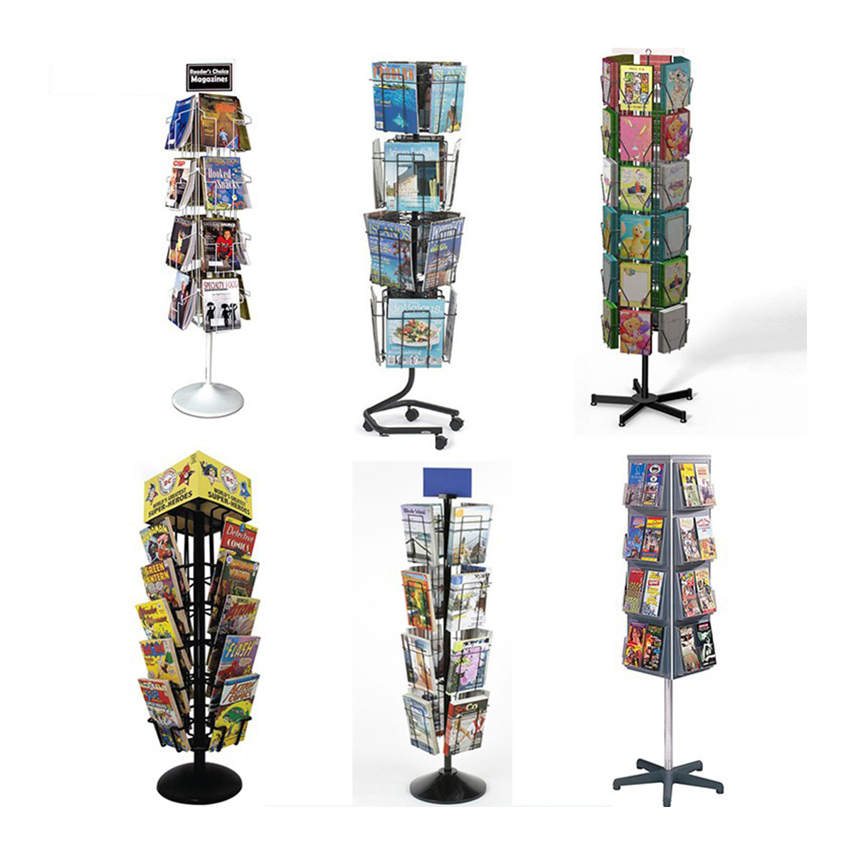 16 Pockets 4 Tier Rotating Black Wire Literature Floor Stand With Wheels (5)