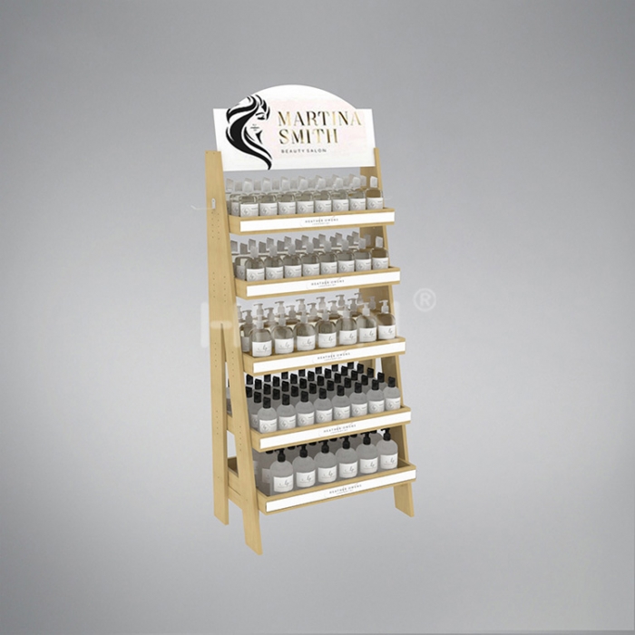 5-Tier Wood A Shape Hair Product Shampoo Display Rack For Retail Stores (1)