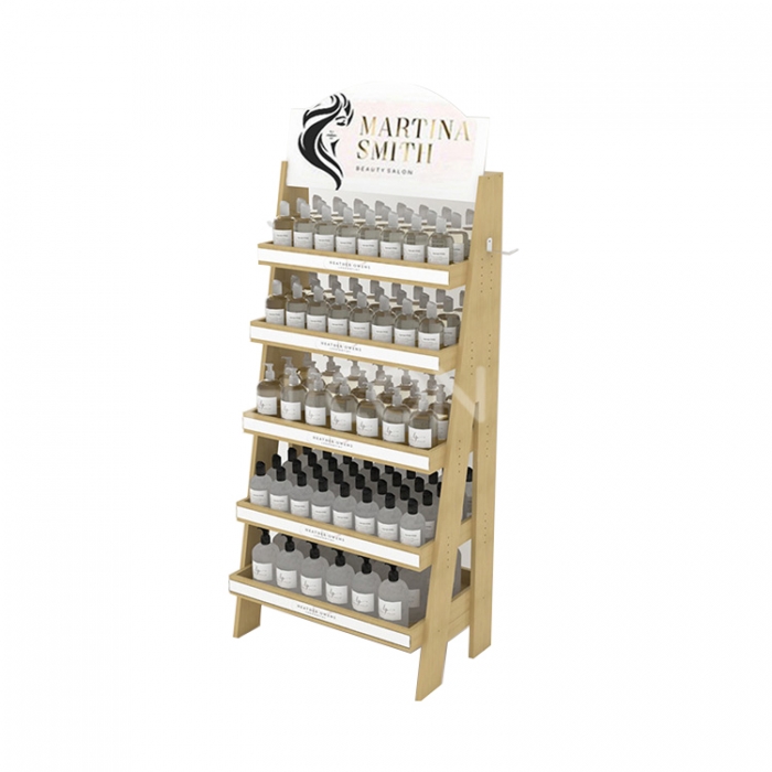 5-Tier Wood A Shape Hair Product Shampoo Display Rack For Retail Stores (2)