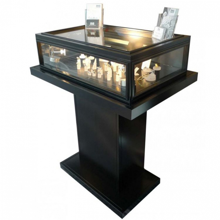 Custom Brand Name Floor Standing Corner Lighting Wood Log Glass Jewelry Display Cabinet (1)