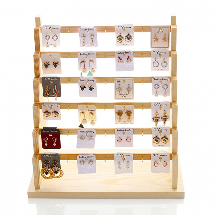 Custom Countertop Wood Jewelry Display Rack 6 Layer With Metal Hooks (6)