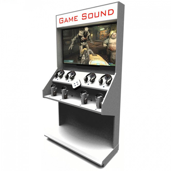 Customized Floor White Wooden Game Headphone Display Stand With Screen (2)