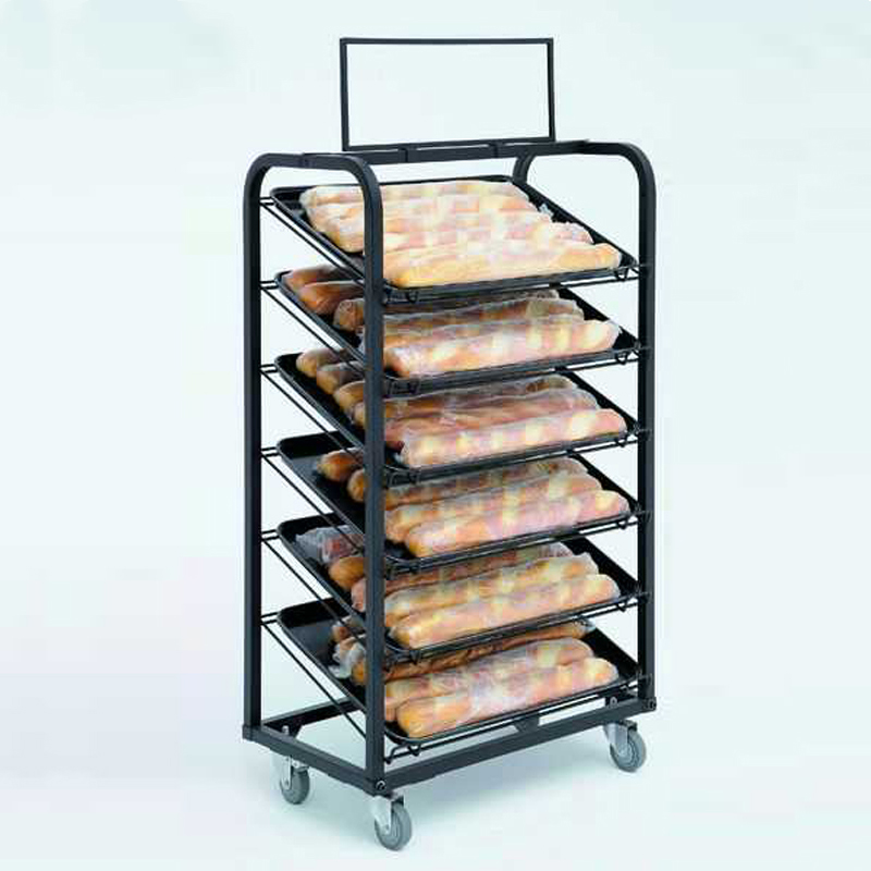 Floor Standing Movable French Bakery Display Shelves With Casters (2)