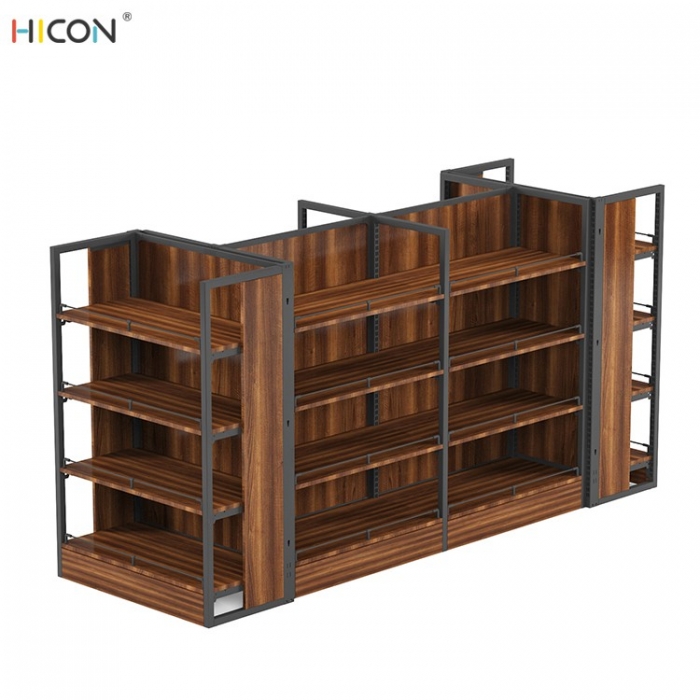 Modern 4-Side Floor Brown Wood Gondola Supermarket Display Rack (1)