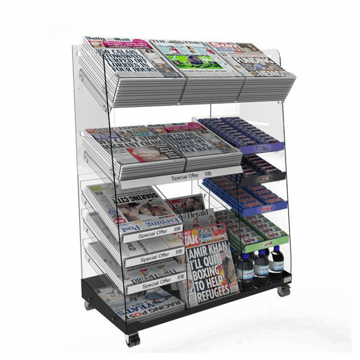 Movable Gray Metal Wood Customized Newspaper Display Stands For Shop (2)