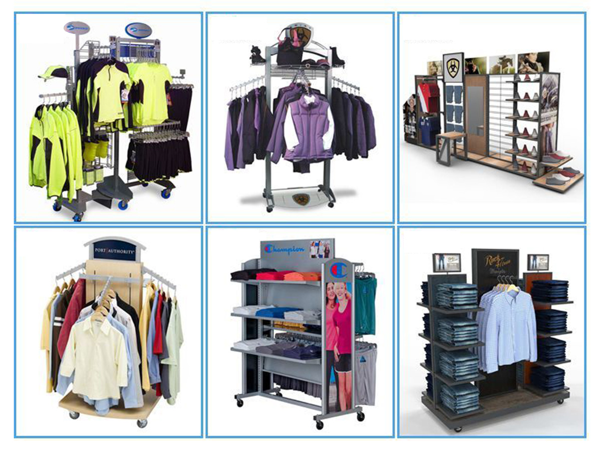 Movable functional display rack for clothing or other hanging items. Custom your brand clothes display stand at Hicon POP Displays at factory price (1)