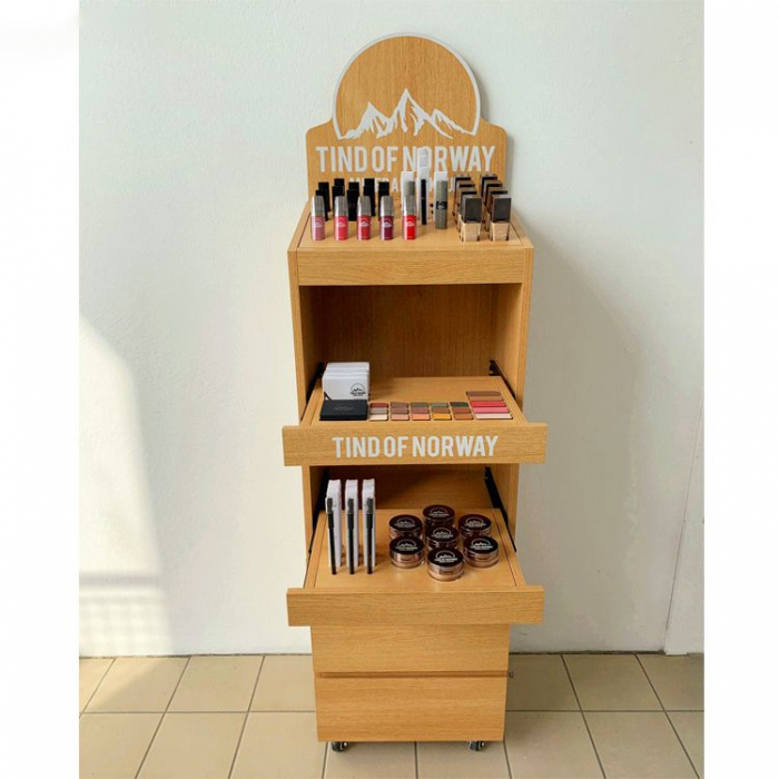 Original Movable Custom Brown Wood Floor Cosmetics Display Shelves (1)
