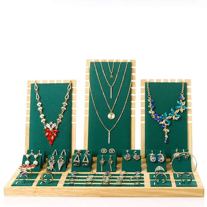 Retail Store Tabletop Wooden Velvet Tray Necklace Jewelry Display (1)