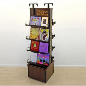 Rotating Floor Double-Sided Brown Wood Metal Book Display Stand (2)