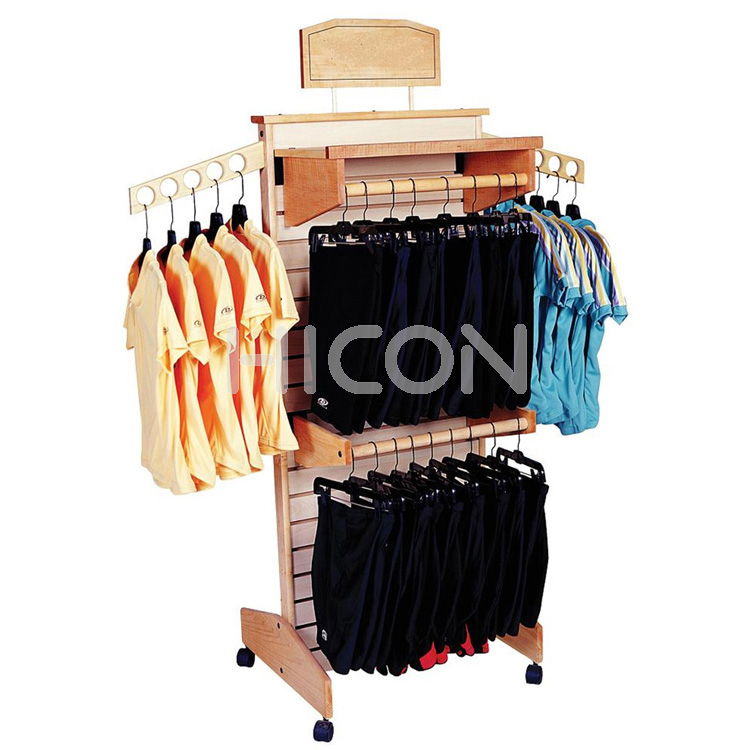 Wooden Clothes Rack Stand On Wheels With Hooks And Arms To Hang Clothes In Retail Stores Or Shops (1)