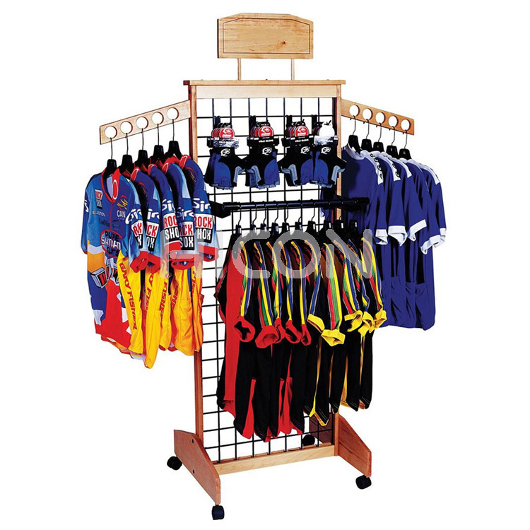 Wooden Clothes Rack Stand On Wheels With Hooks And Arms To Hang Clothes In Retail Stores Or Shops (2)