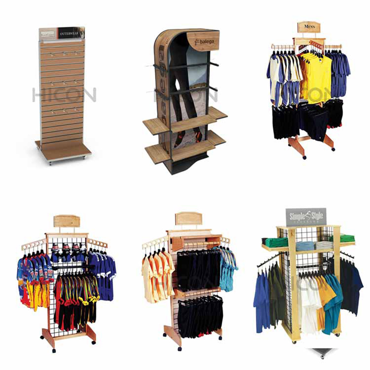 Wooden Clothes Rack Stand On Wheels With Hooks And Arms To Hang Clothes In Retail Stores Or Shops (3)